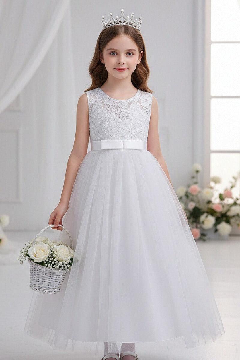 A-Line Round Neck Sleeveless Floral Lace Floor Length Tulle Flower Girl Dresses 1030687853202 - 7 Days / White / 120cm - COCOMELODY